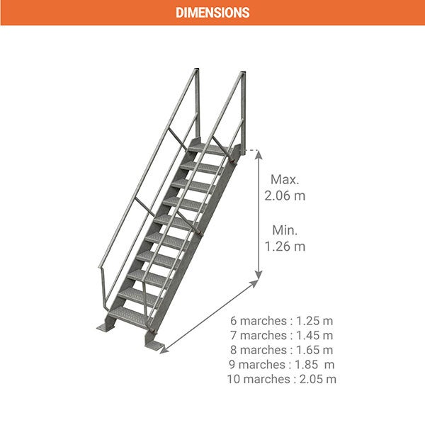 Escalier industriel acier 10 marches - Hauteur à franchir 2,00 m - ETAGP0010 - 2