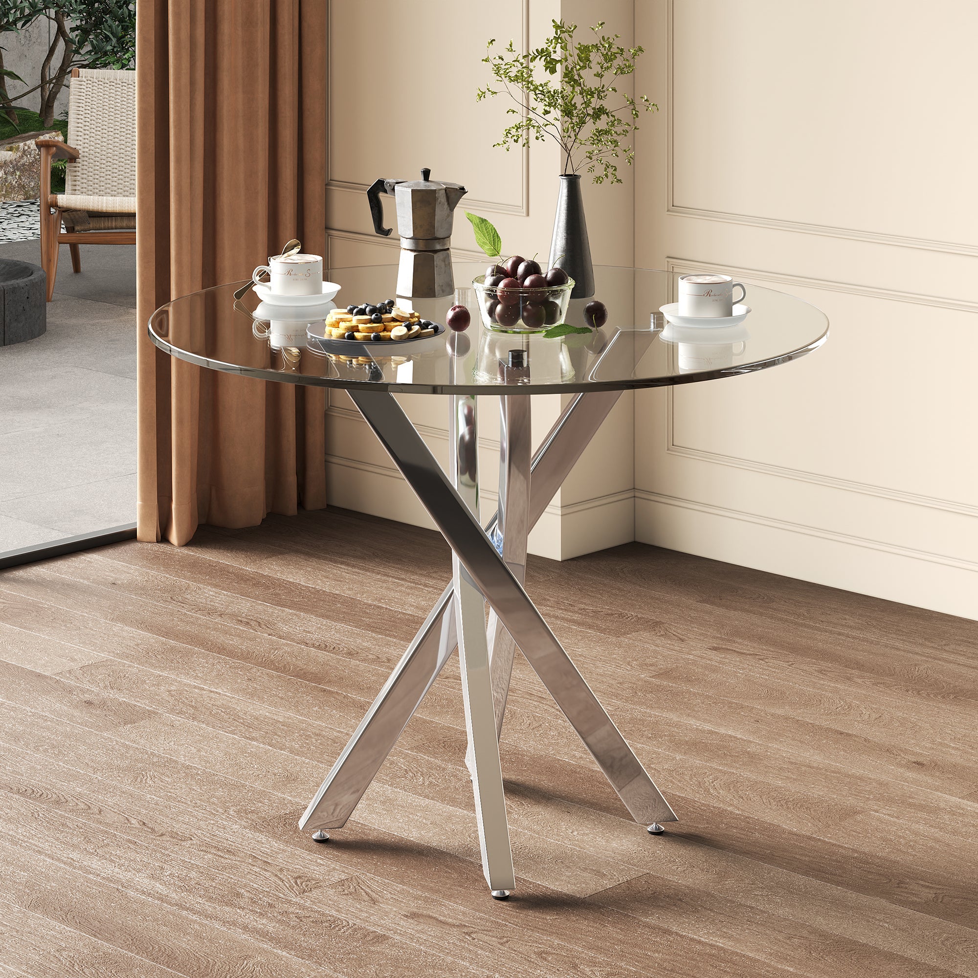 Okrągły stół jadalny dla 4-6 osób - 80 x 80 x 75 cm - Blat szklany i nogi z ocynkowanego metalu - Srebrny