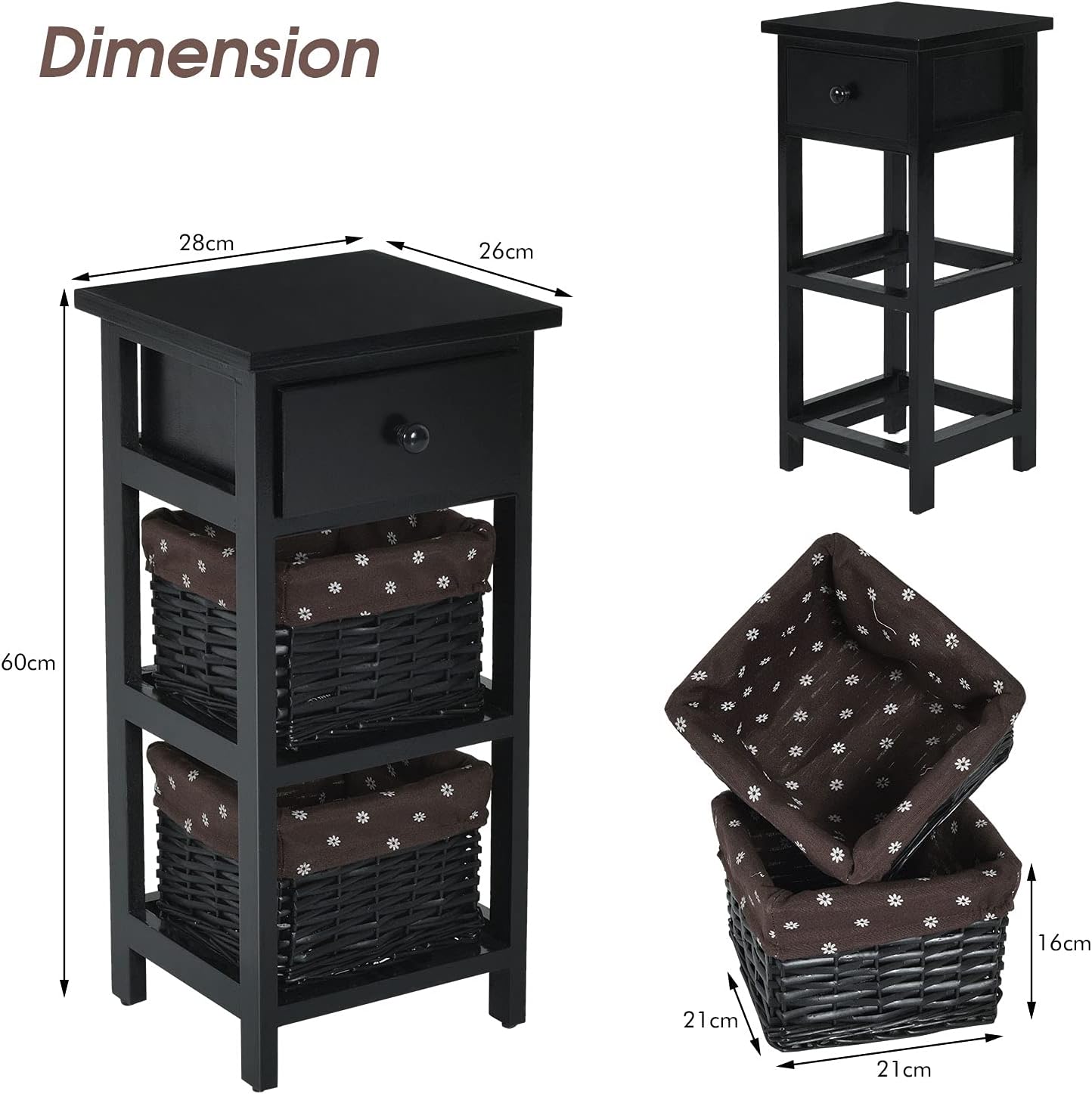 Comodino Camera da Letto in Legno, Tavolino per Divano, Comò Moderno, 28 x 26 x 60 cm (nero x 2) - 5