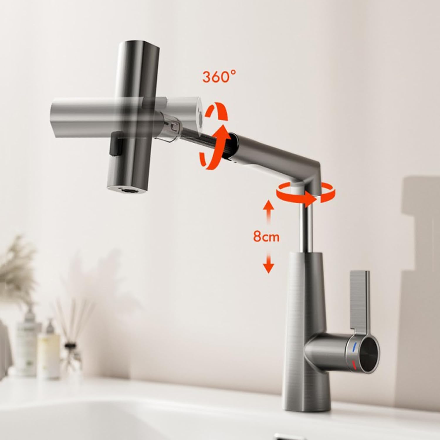 (Gris) Mitigeur cascade avec douchette extractible pour lavabo de salle de bain, robinet de lavabo à poignée unique, 3 modes - 6