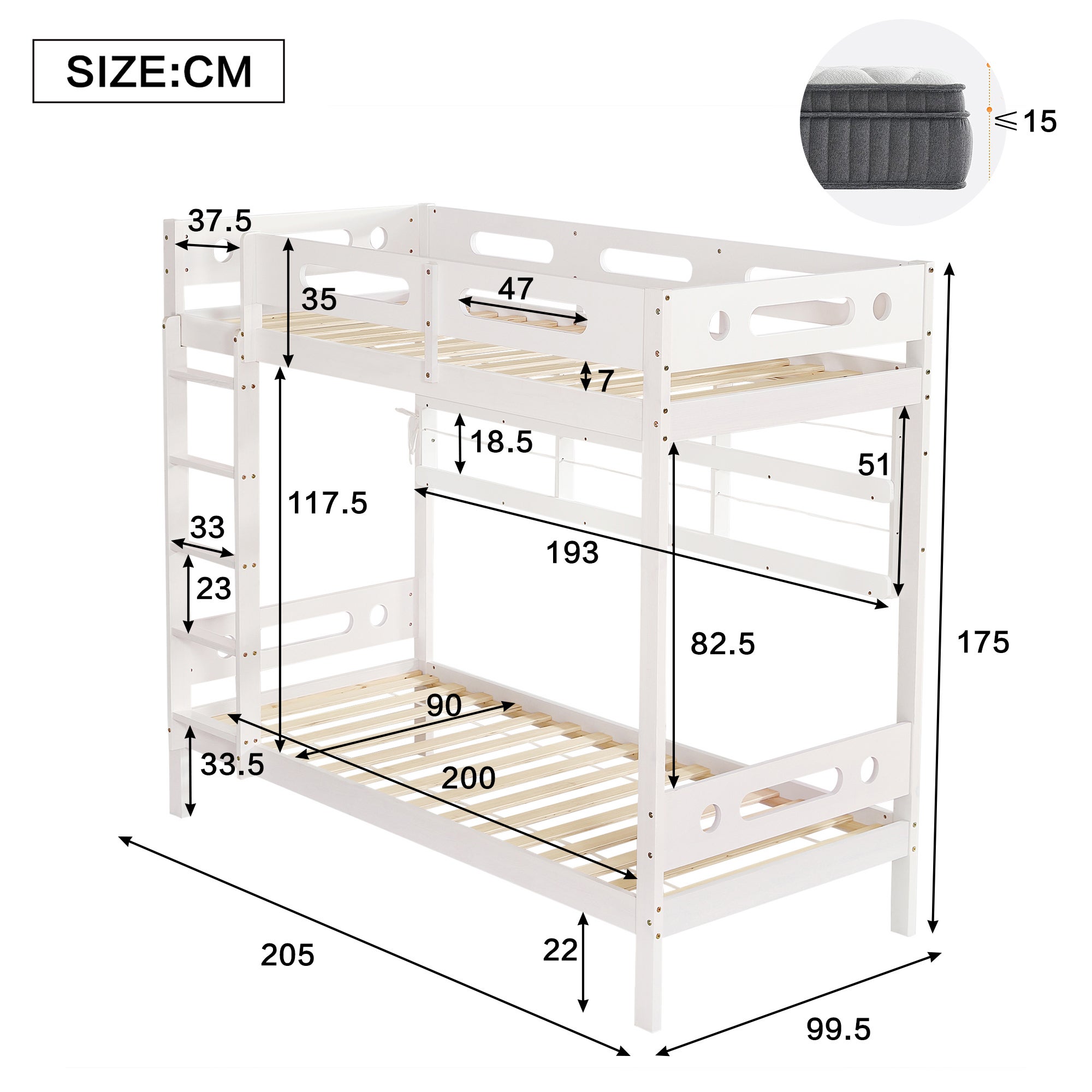 Lit superposé 90x200 cm - avec 2 tiroirs - avec des étagères ouvertes - Bois massif + MDF - Blanc (sans matelas) - 5