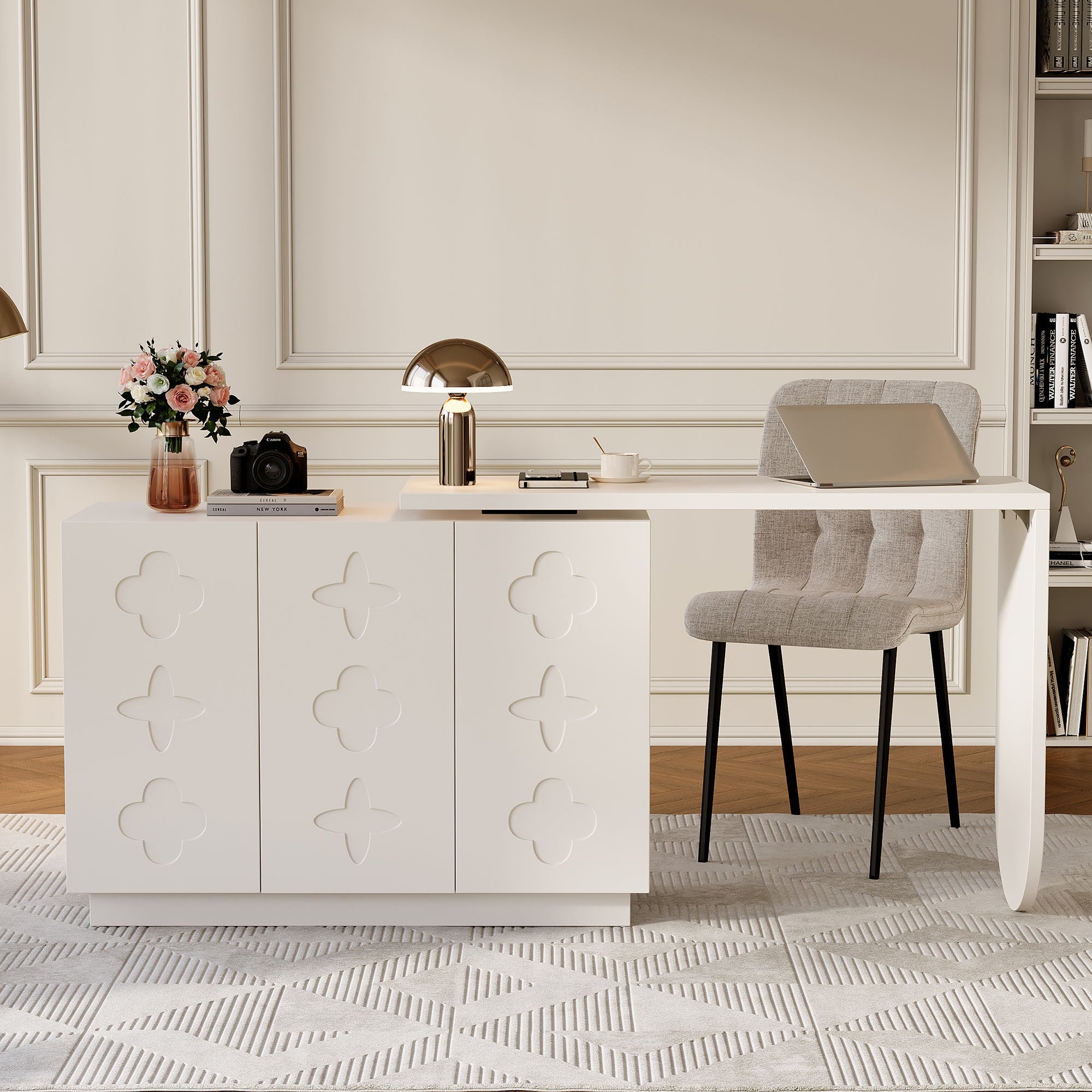 Bureau d'angle en L blanc avec rangement intégré, plateau pivotant à ...