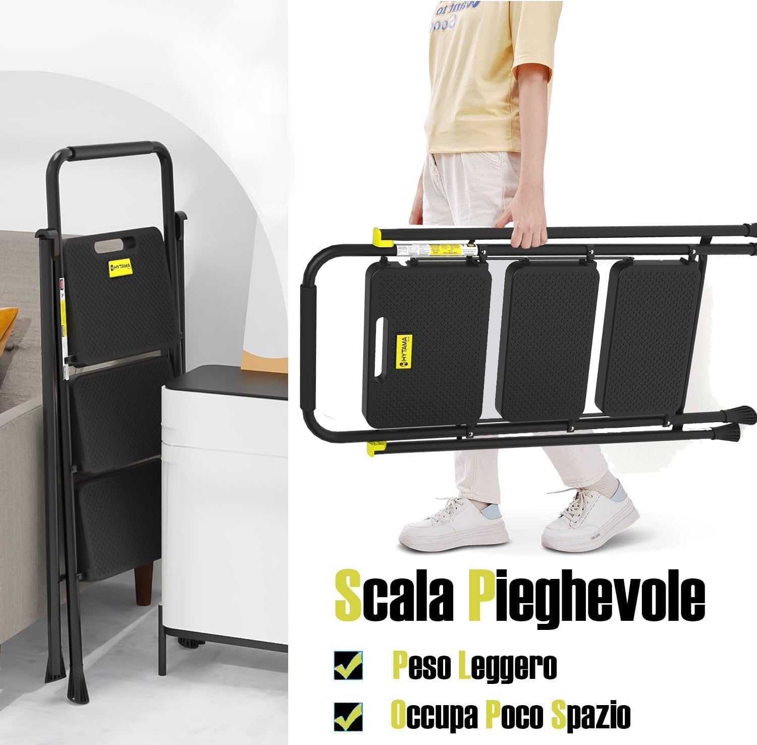 Tabouret échelle pliant peu encombrant BLACK MAX avec marches antidérapantes et poignée en caoutchouc souple pour plus de sécurité max 150, 2 ÉTAPES - 4