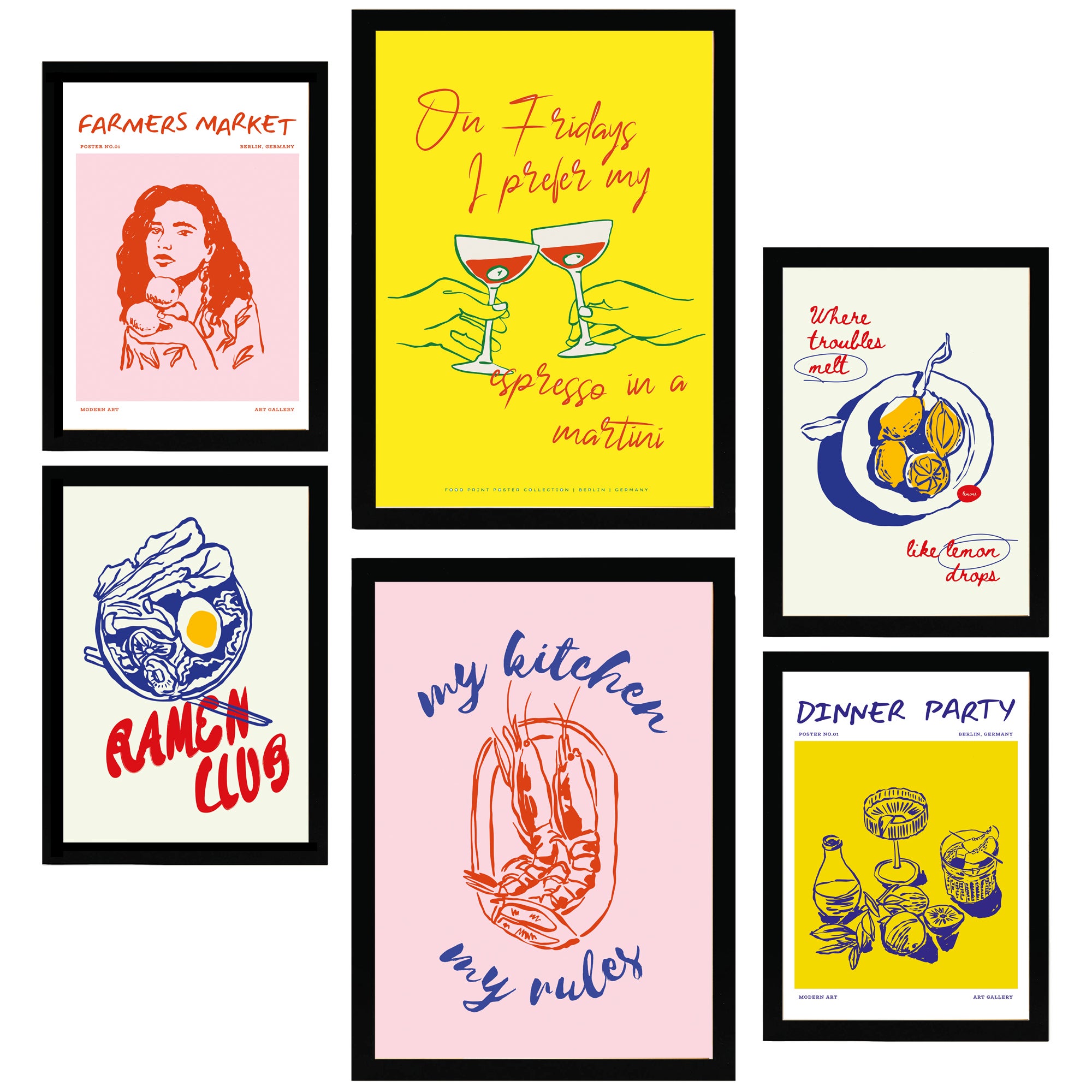Nacnic set de 6 pósters ilustraciones de alimentos y comida estilo pop art y vino marco negro