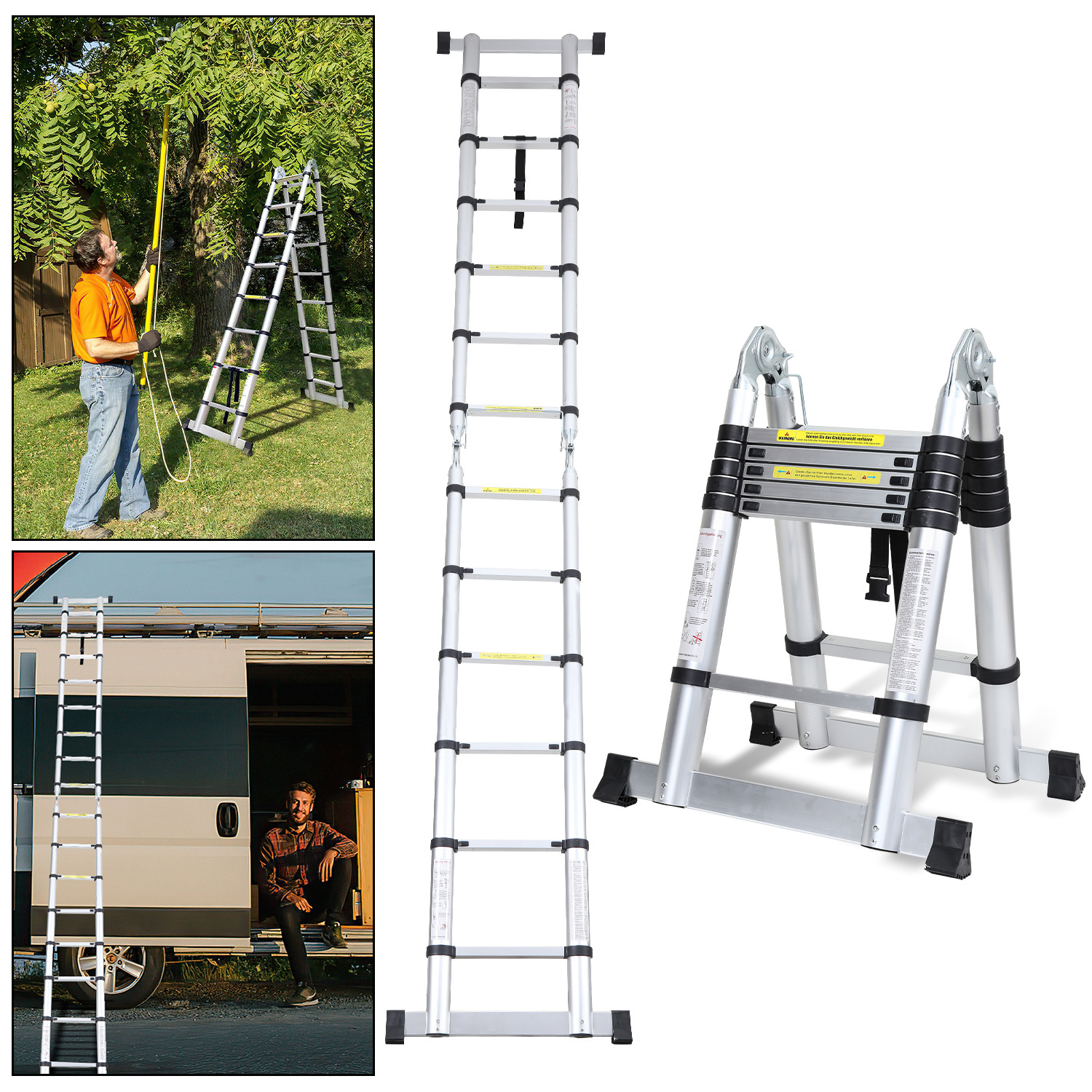 Drabina teleskopowa 3,8m srebrna, składana, wielofunkcyjna, do użytku wewnątrz/na zewnątrz, 150kg