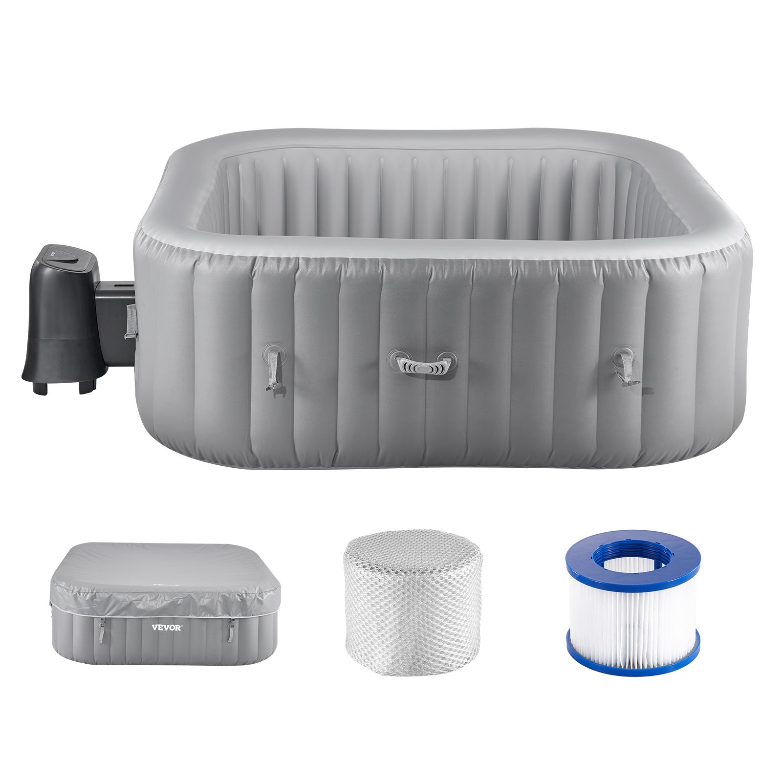 Kwadratowe Spa Dmuchane VEVOR 2-4 Osoby 185x185x66 cm, 130 Dysz, 910 L, 220V, Podgrzewanie 1-2℃/h, PVC Trójwarstwowe, Szare