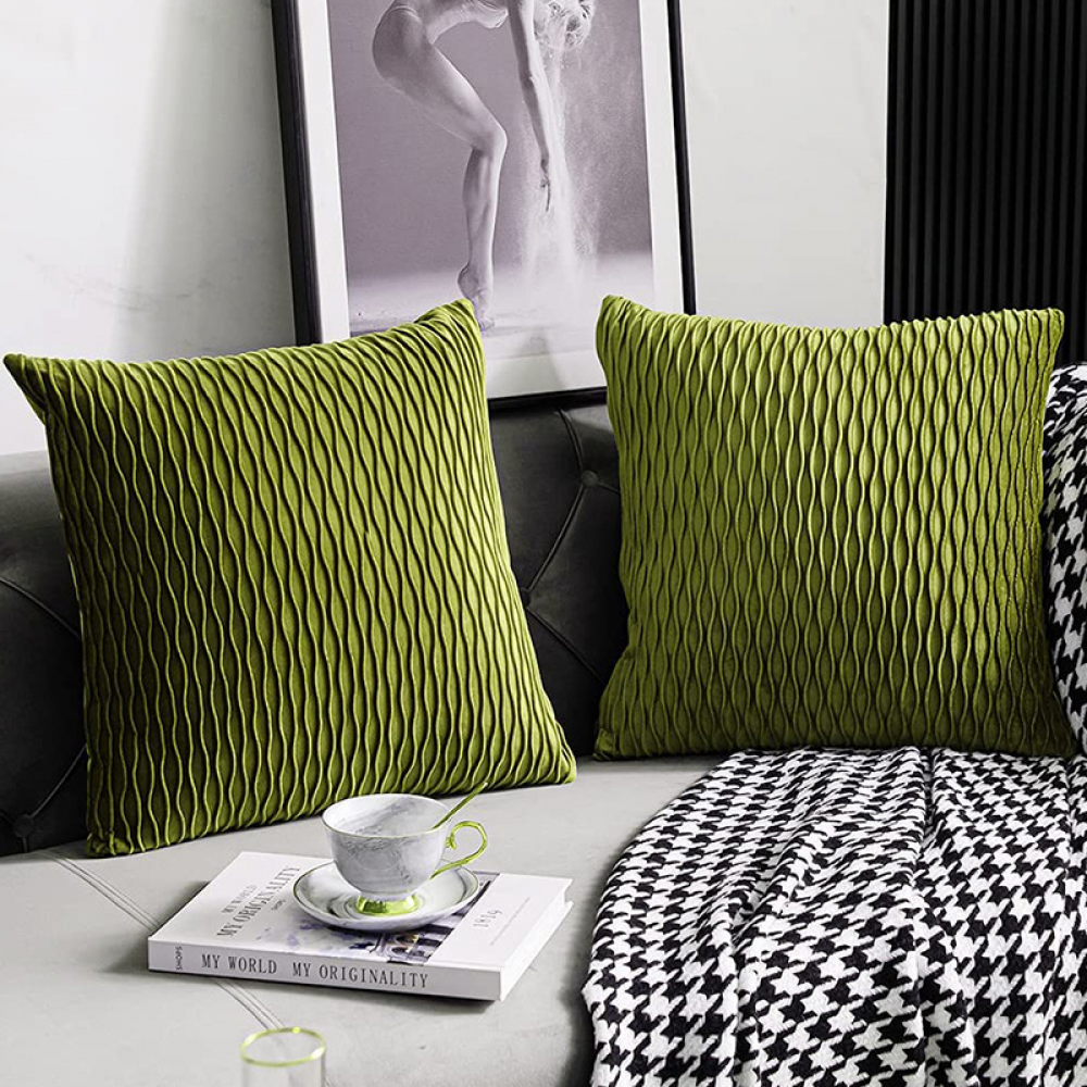Fundas de cojín verde hierba: juego de 2 fundas de almohada cuadradas decorativas de terciopelo a rayas de 45 cm x 45 cm para sofá de dormitorio