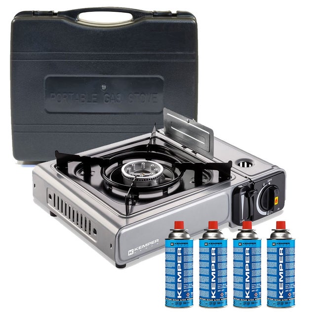 Fornello a gas INOX KEMPER 2200W + 4 cartucce di gas Accensione piezoelettrica Inserto di sicurezza a gas