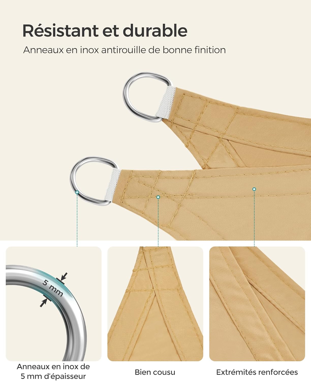 Voile d'Ombrage 3 x 4 m, Hydrofuge Colonne d’Eau de 665 mm, Polyester Anti-déchirure, Protection UV 93%, Terrasse, Jardin, Balcon, Rectangulaire, Cord - 4