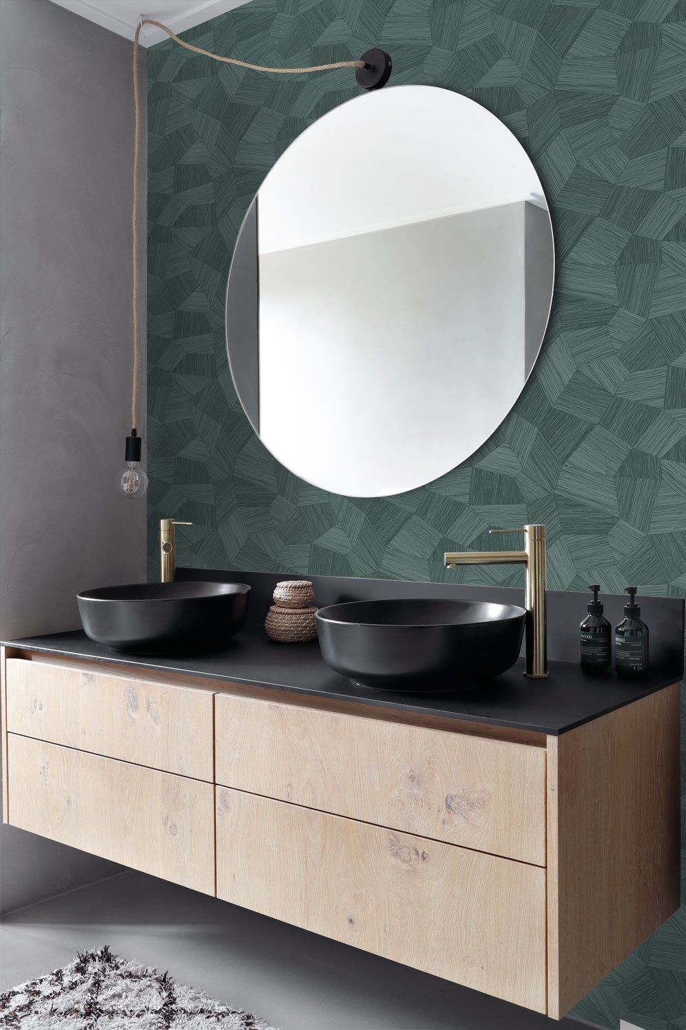 Papel de parede não tecido de textura ecológica gráfico 3D verde petróleo - 53 cm x 10.05 m - Origin Wallcoverings - 3