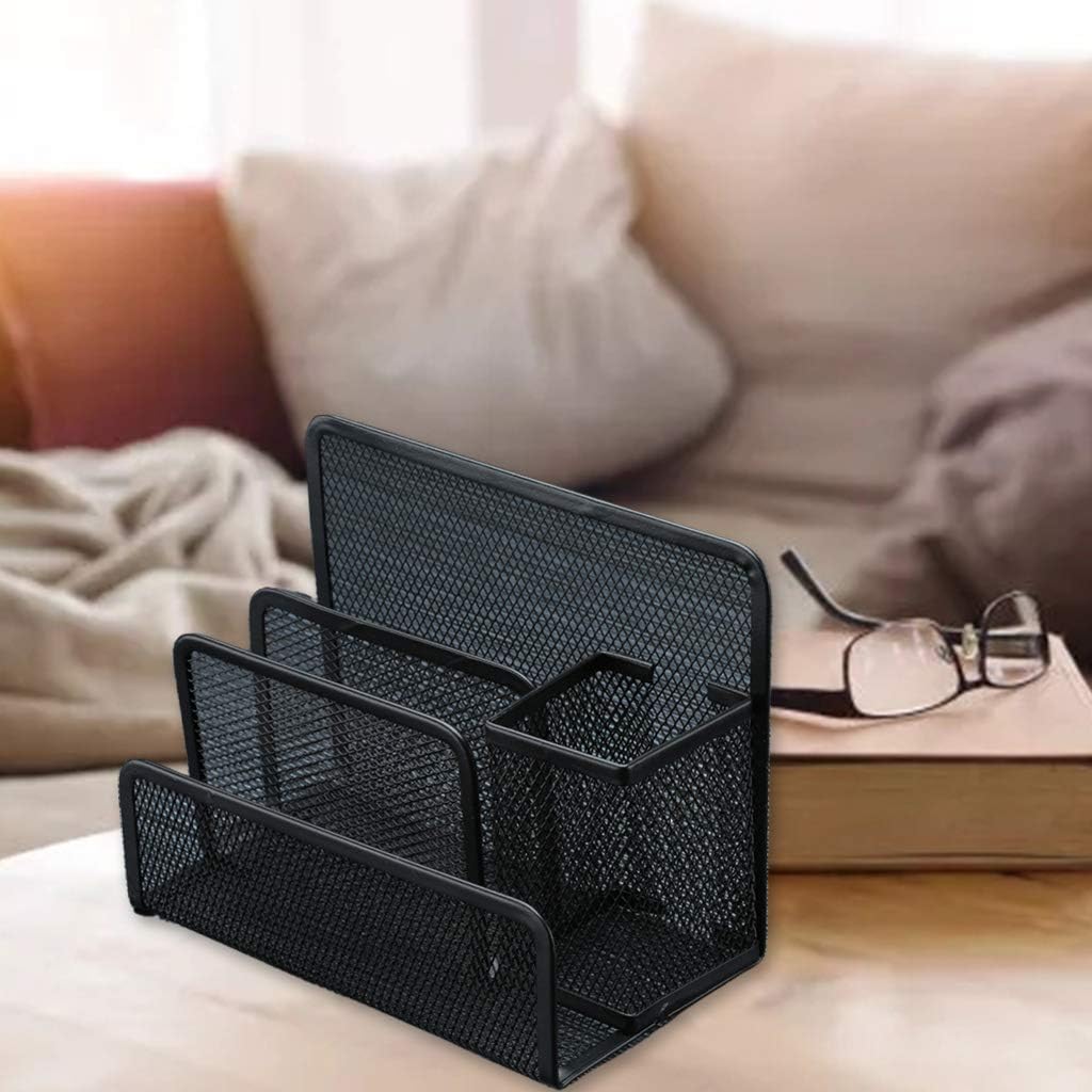 Czarny metalowy uchwyt na długopisy z 3 sekcjami - Przezroczysty organizer na biurko - Sorter na dokumenty - Uchwyt na pocztę - Uchwyt na listy - 2