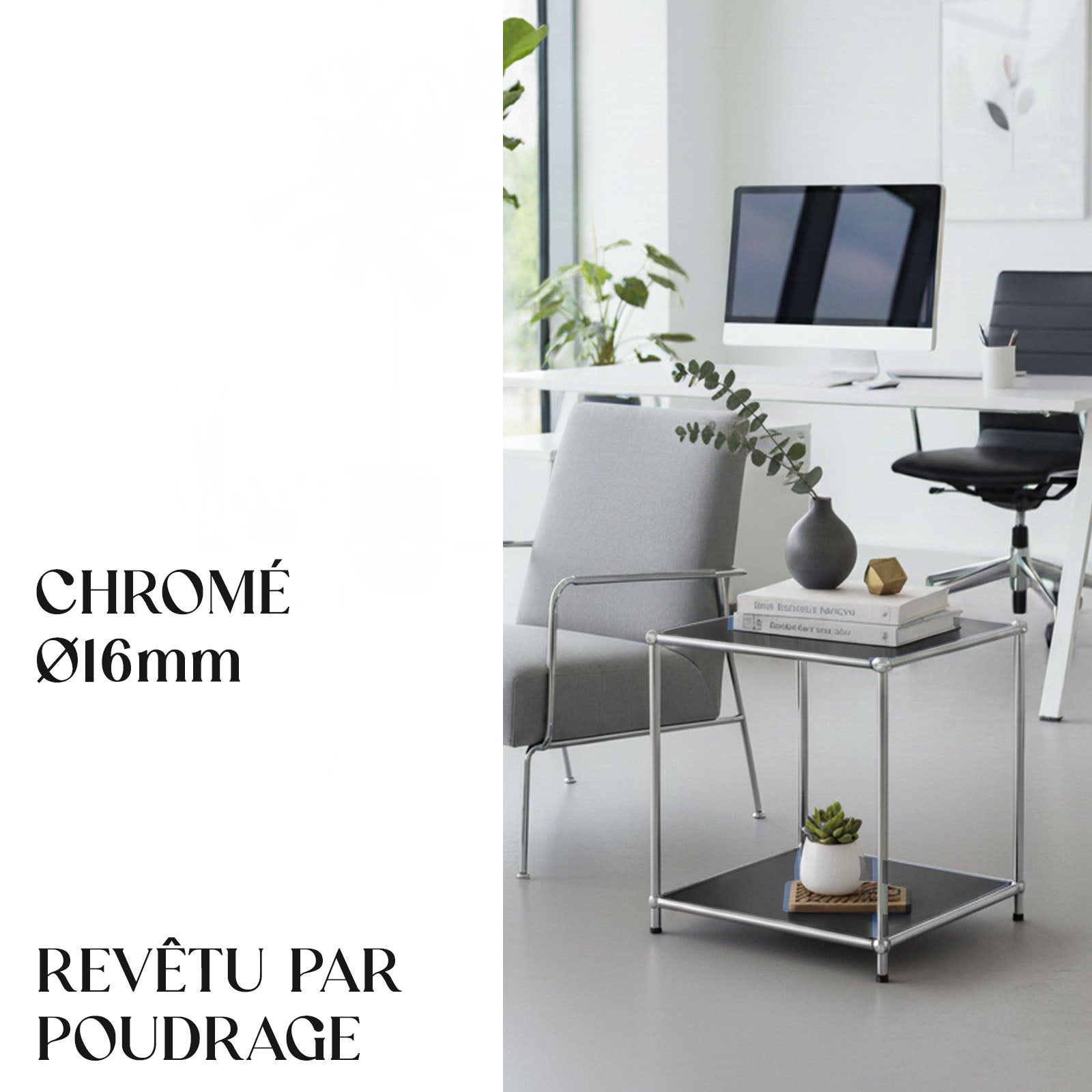 Étagère métal chromé design épuré, Concept Epuré MK-012 : 2 étages, L40 x P40 x H46 cm, Noir - 4