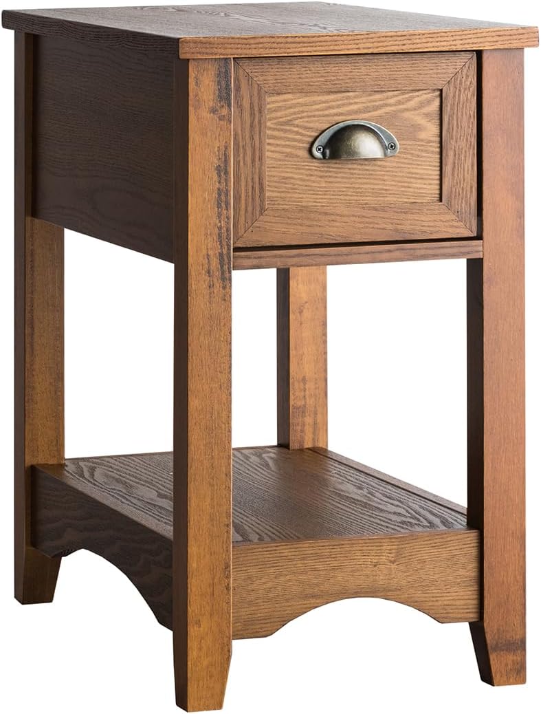 Szafka Nocna, Stolik Pomocniczy, Prostokątna Szafka Nocna z 1 Szufladą i 1 Półką, Nogi z Drewna Kauczukowego (Kolor Jasnobrązowy, Zestaw 1 Szt.)