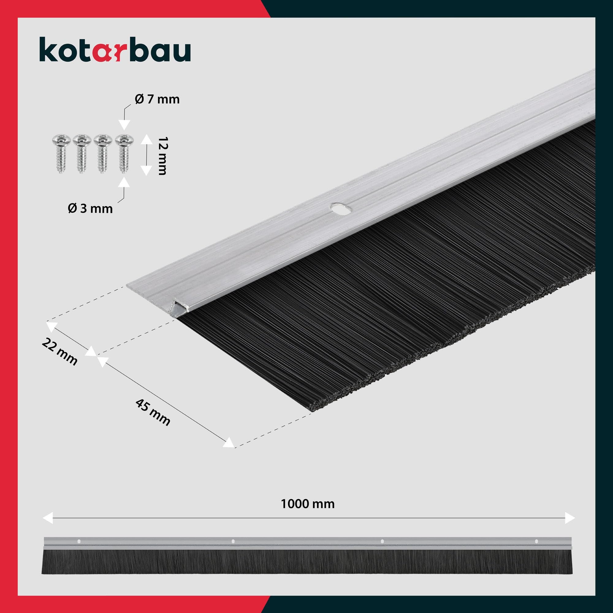 Joint de brosse en aluminium à visser 100 cm x 45 mm bas de porte isolant anti froid balai porte d'entrée et de garage - KOTARBAU - 3
