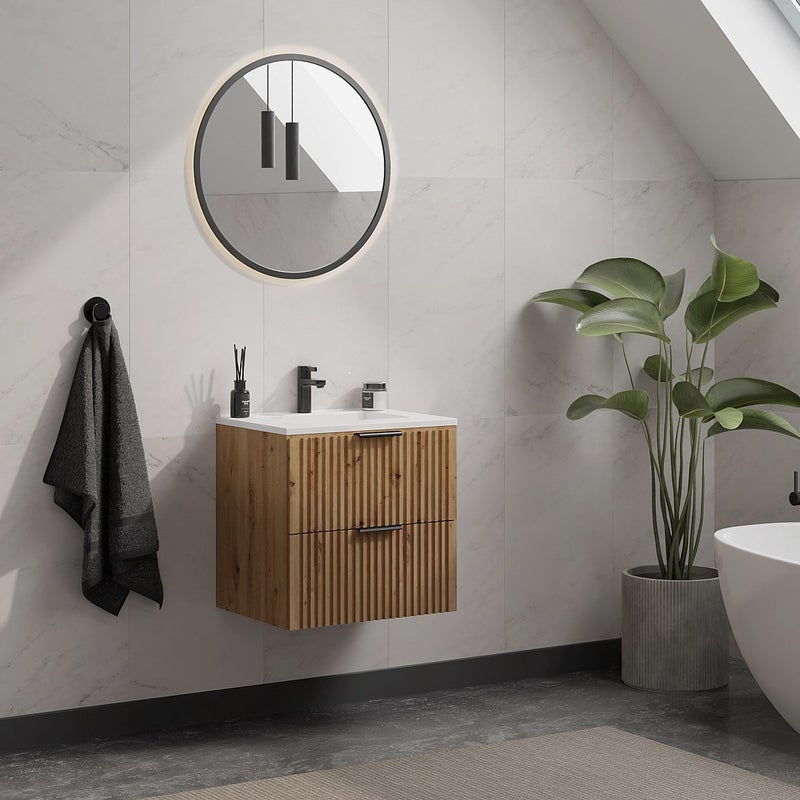 Szafka pod umywalkę wisząca ryflowana - Naturalny jasny - szer. 60 cm - ZEVARA