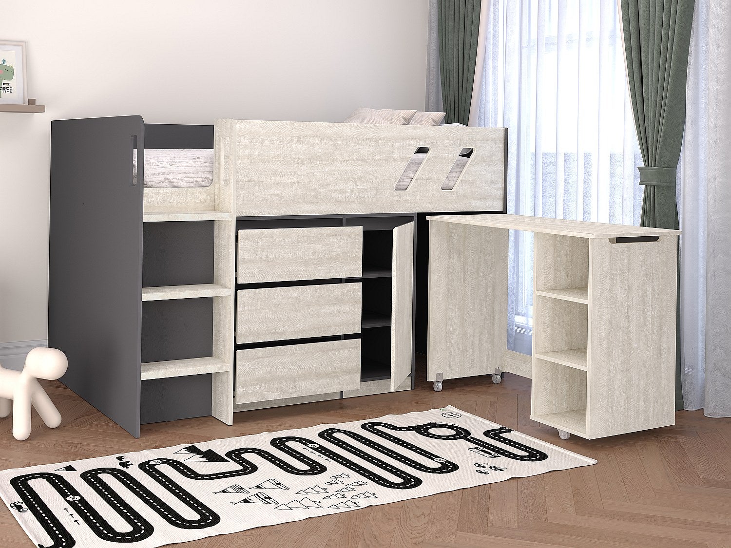 Łóżko piętrowe 90 x 190 cm z biurkiem i schowkami - Antracytowy i naturalny poszarzony + Materac - SAGITI