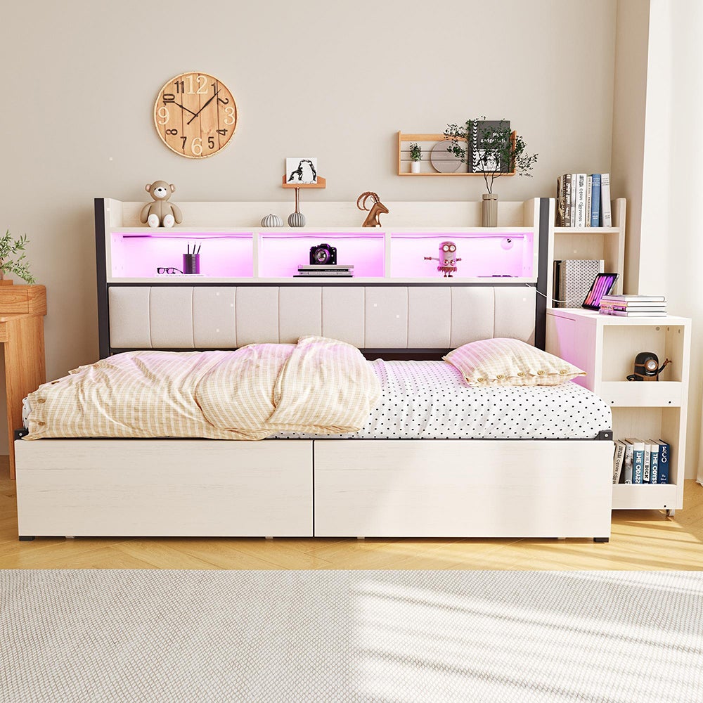 Rozkładana sofa 90 x 200 cm, z szafką do przechowywania i schowkiem, gniazdem wielofunkcyjnym i oświetleniem LED, wysuwanym biurkiem, biała