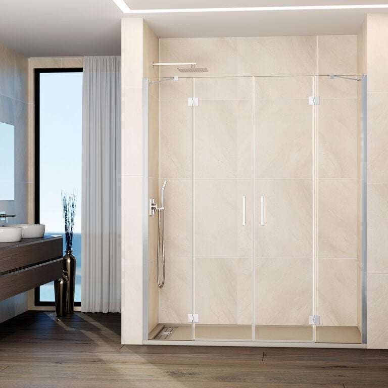 Paravan frontal GLASS 2 panouri fixe + 2 uși batante 252.5 cm (249,5-255,5; 50+80+80+50) crom sticlă transparentă