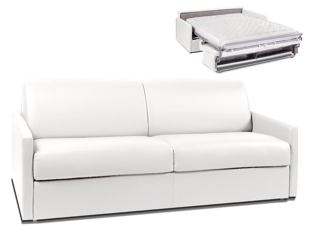 Kanapa 4-osobowa rozkładana typu expres z ekoskóry CALIFE - Biały - Miejsce do spania 160 cm - Materac 18 cm