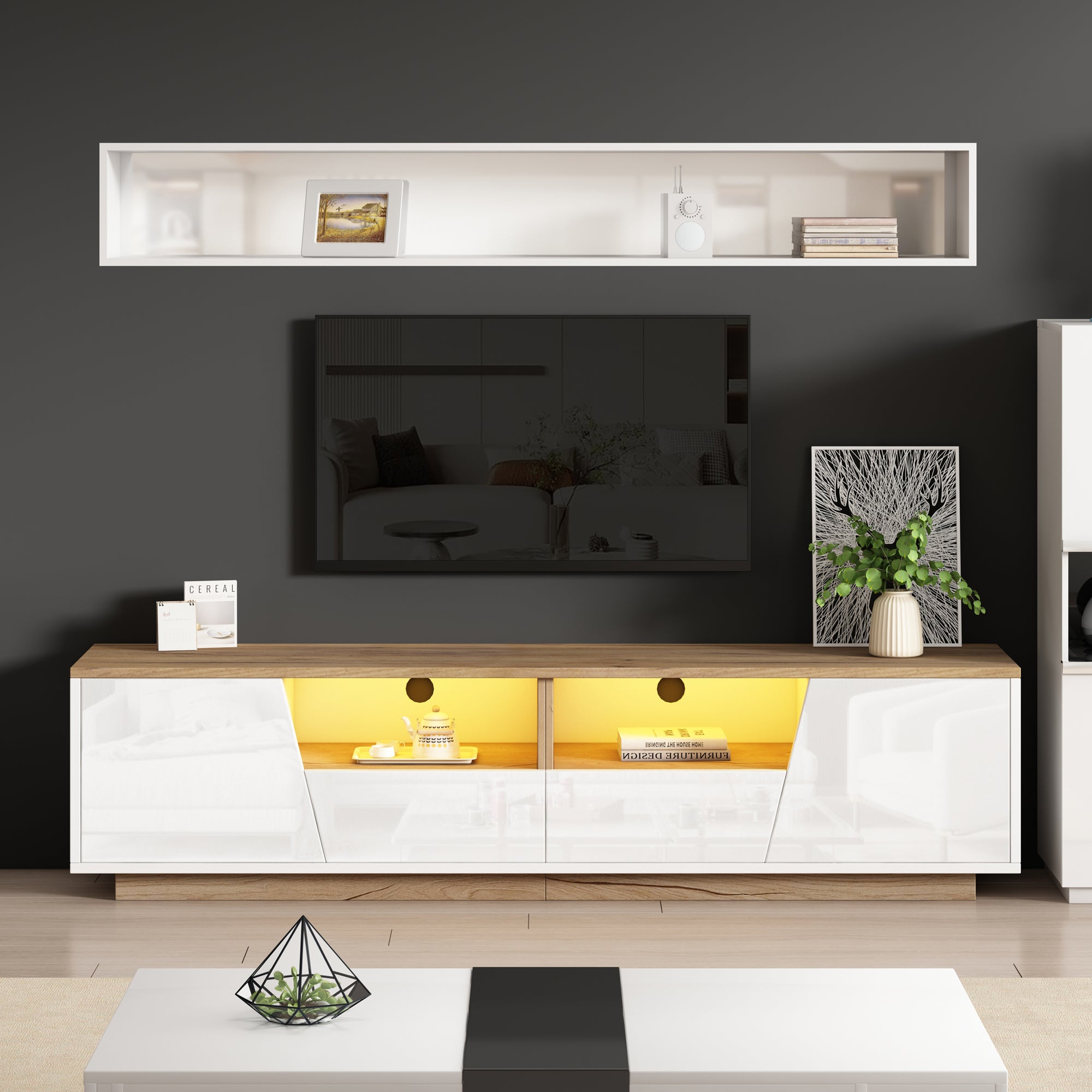 Meuble TV avec 2 portes et 2 tiroirs pour téléviseurs 75 pouces - 180 x 40 x 46 cm - Panneau de particules - Blanc + naturel - 4