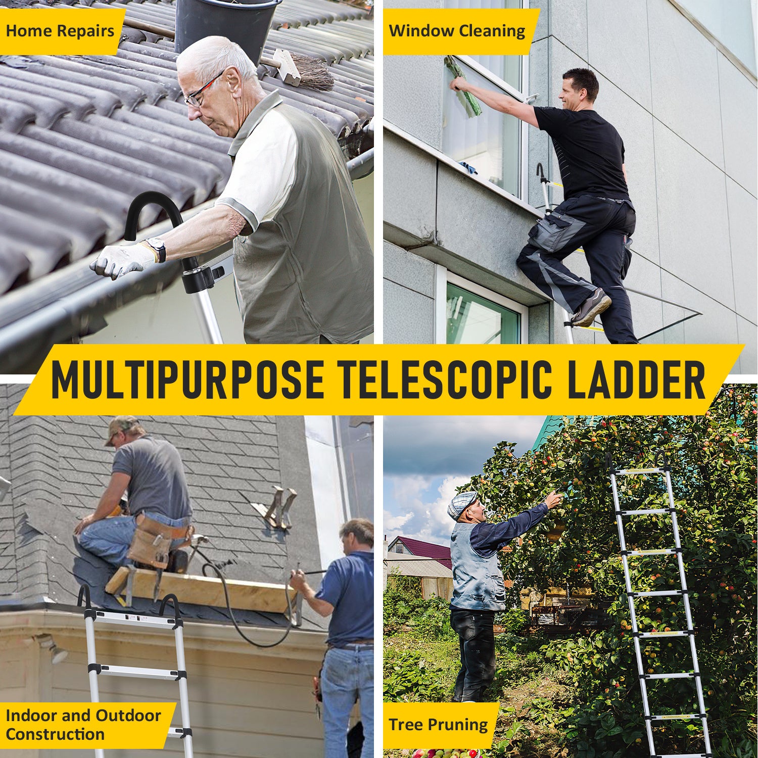 Escabeau echelle telescopiquePremium 3,8m argentée avec stabilisateur et crochets Stable - 6