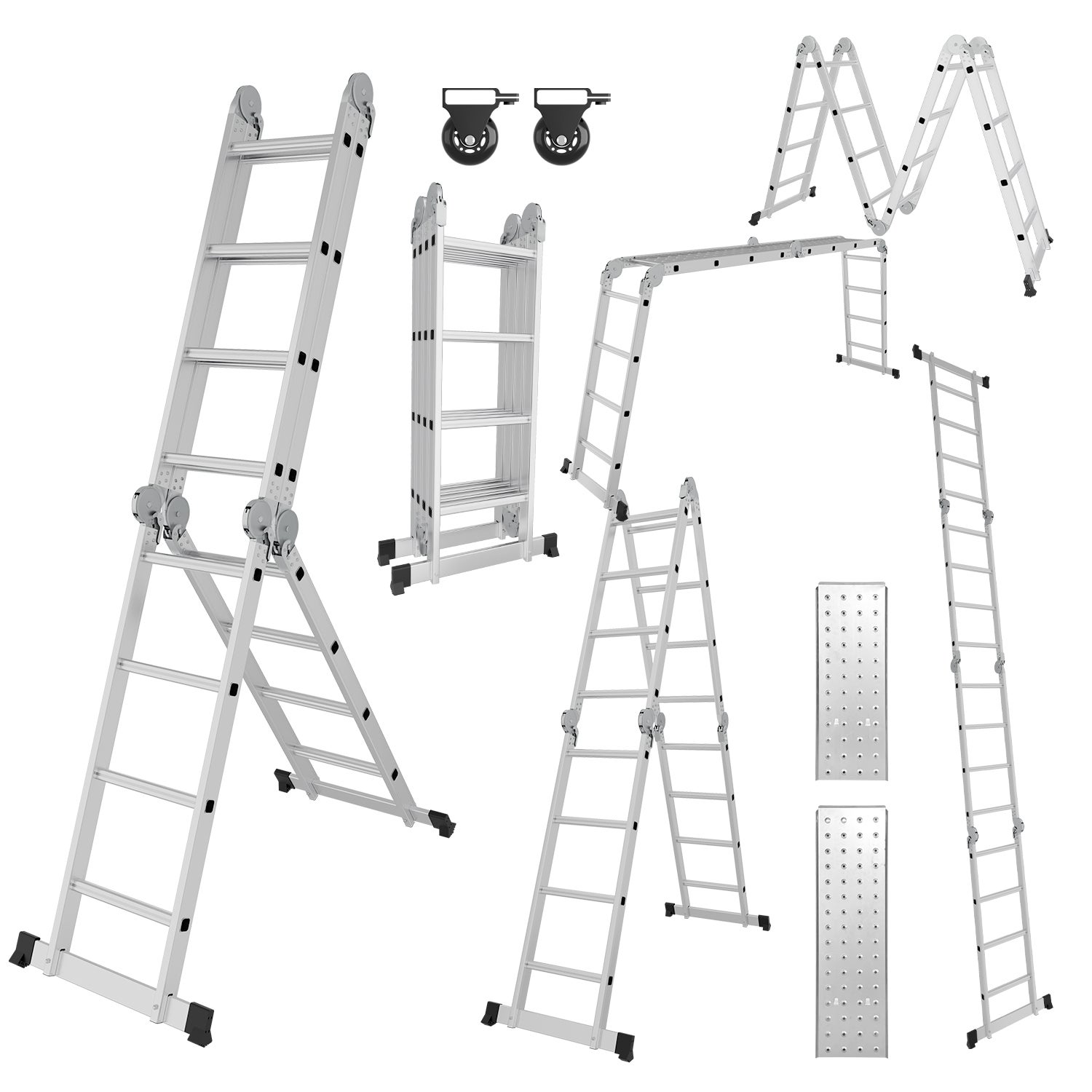 Échelle pliante télescopique 4x3, plate-forme polyvalente, support 360 cm, aluminium, multifonction Échelle pliante télescopique 4x3, plate-forme polyvalente, support 360 cm, aluminium, multifonction