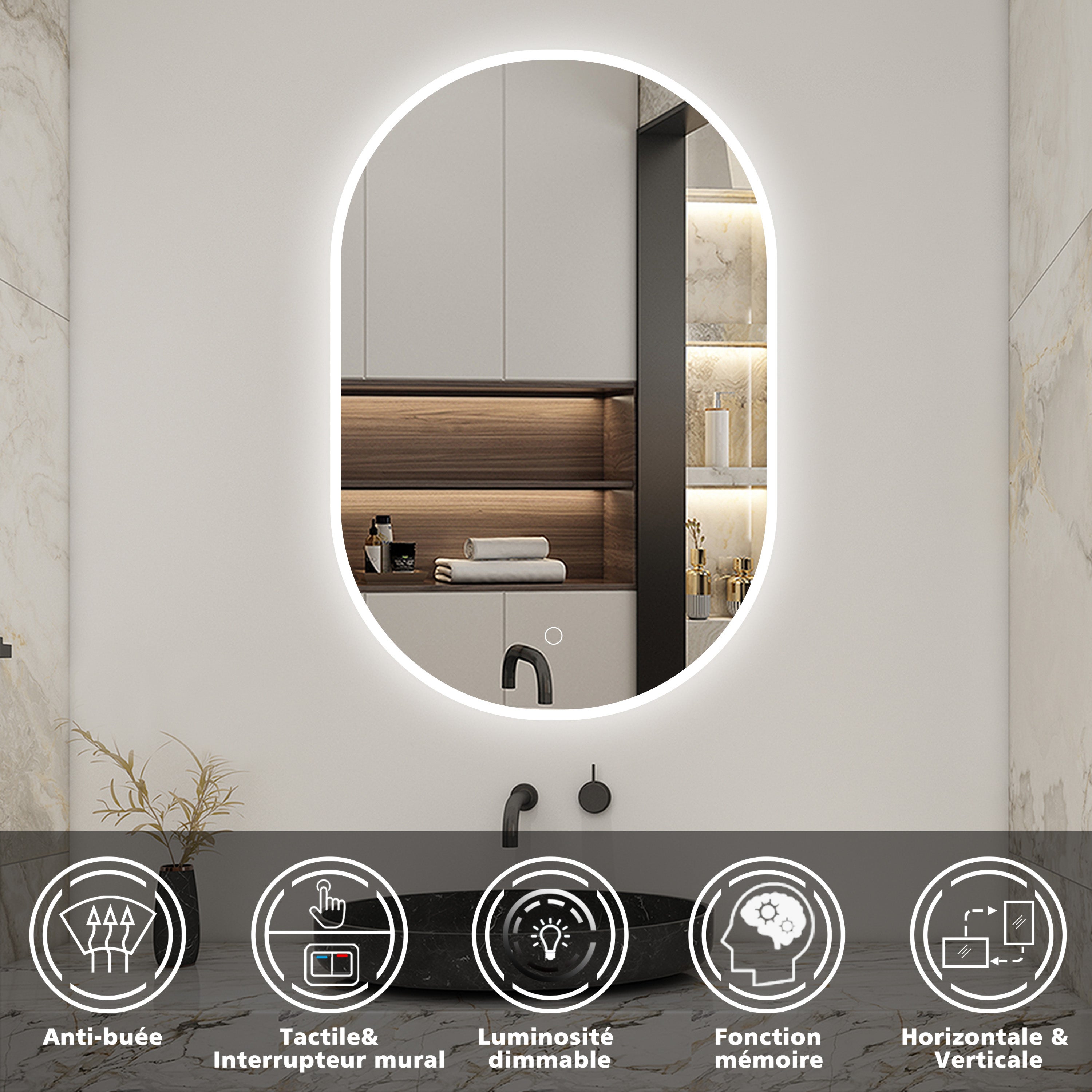 AICA LED Miroir lumineux ovale 50 x 80cm avec anti-buée + dimmable + mémoire, Miroir salle de bain - 2