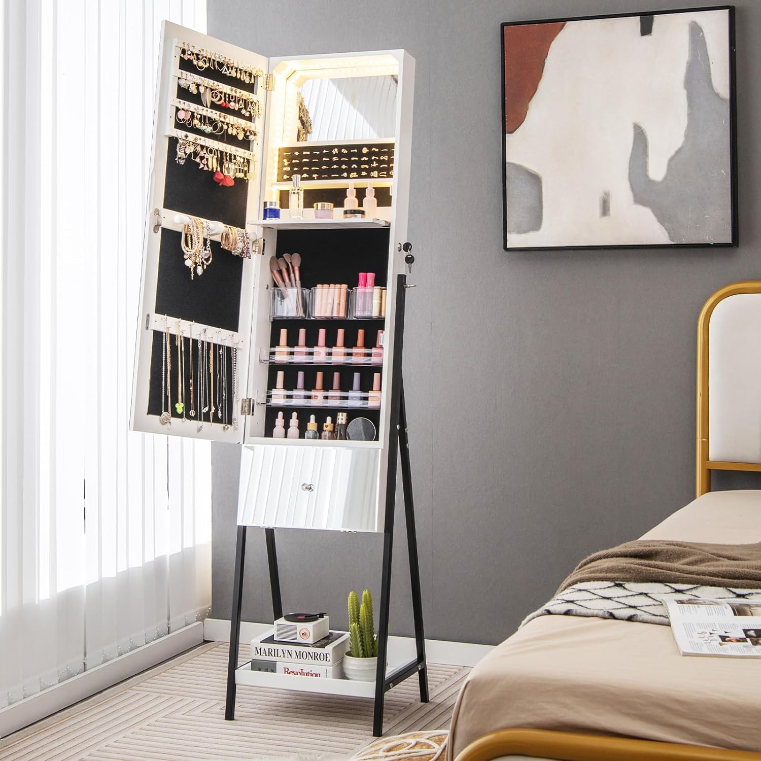 Armoire à Bijoux sur Pied-Miroir Pleine Longueur-Lumières LED 3 Couleurs-Verrouillable-Étagère de Maquillage Pliable Blanc - 3