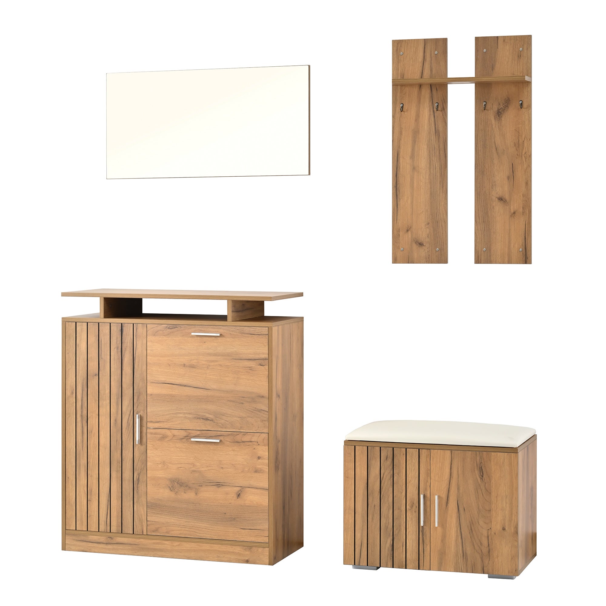 Set de meuble d'entrée, penderie murale avec banc à chaussures, miroir et 5 portes, naturel, 140×35×133 cm - 2