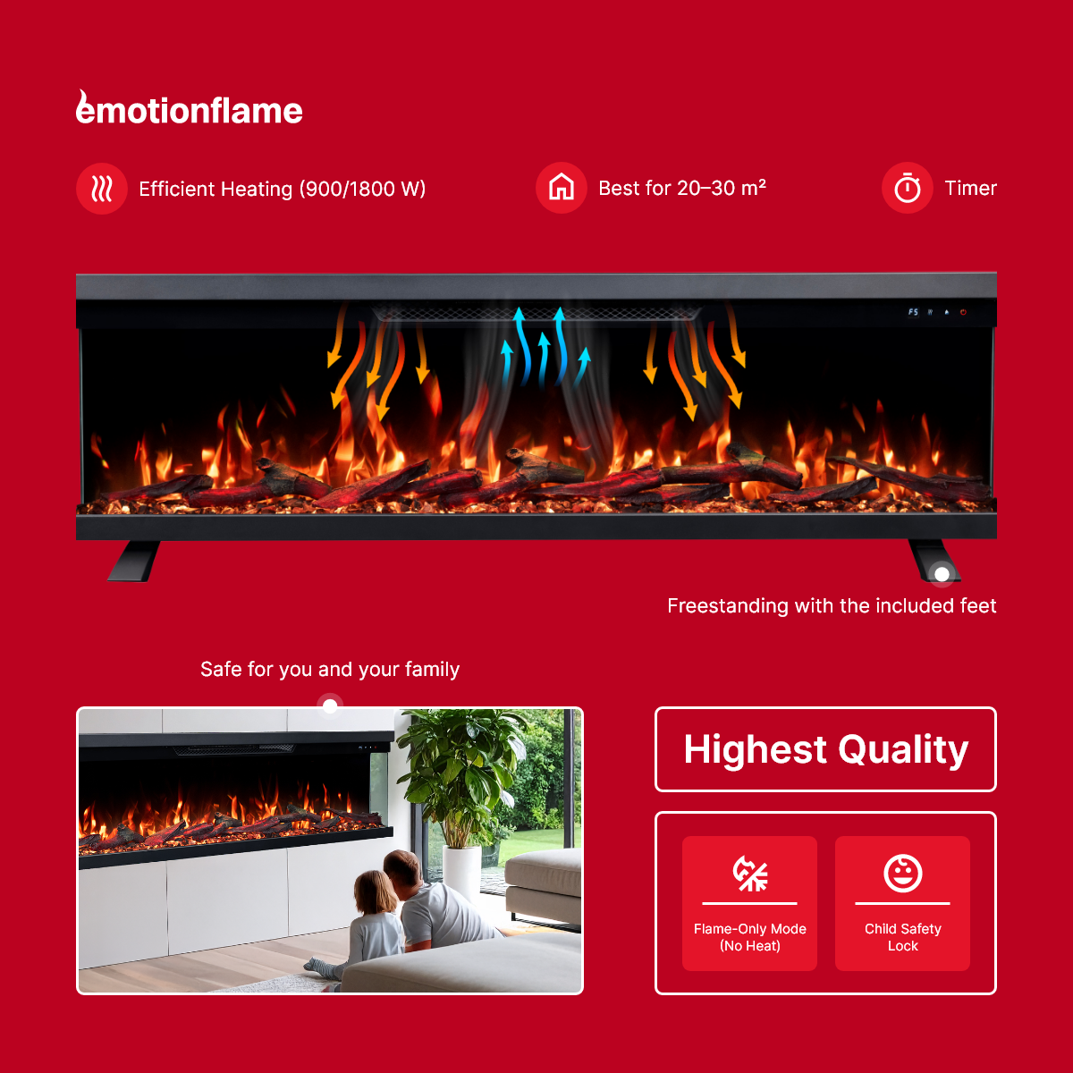 Cheminée électrique à 3 côtés Emotion Flame Unity 183 - feu premium, murale ou encastrable - 183x19x36 cm - cheminée LED - chauffage 900/1800 W - 5