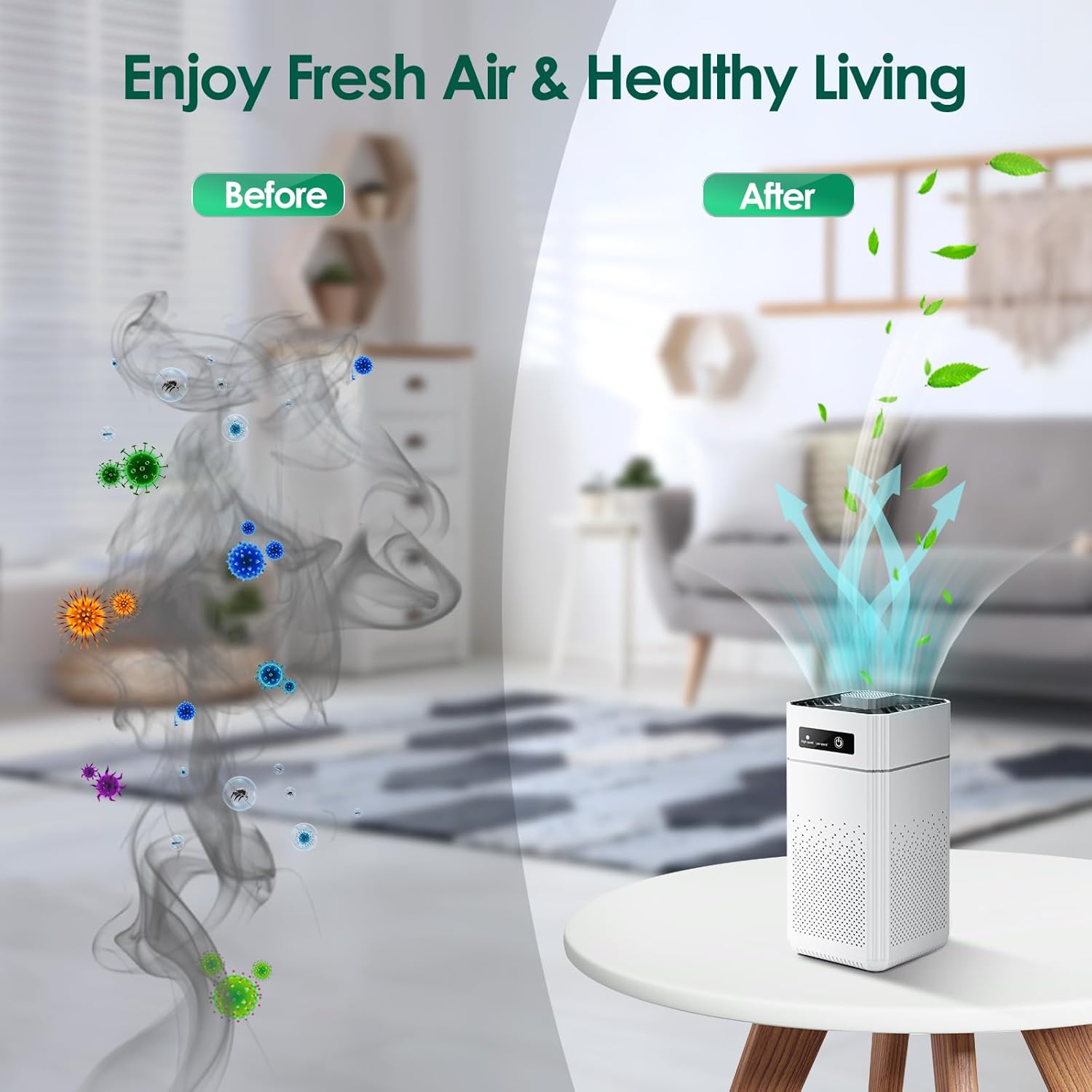 Purificatore d'aria per camera da letto, casa, silenzioso, con filtro HEPA, ideale per allergie, polvere, peli di animali, odori, fumo. - 5