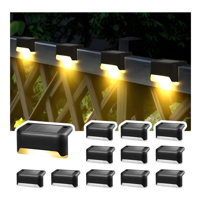 Zestaw 12 lamp solarnych na taras, wodoodporne lampy solarne do użytku na zewnątrz, na schodach, ogrodzeniach i podwórkach (czarne, ciepła biel)