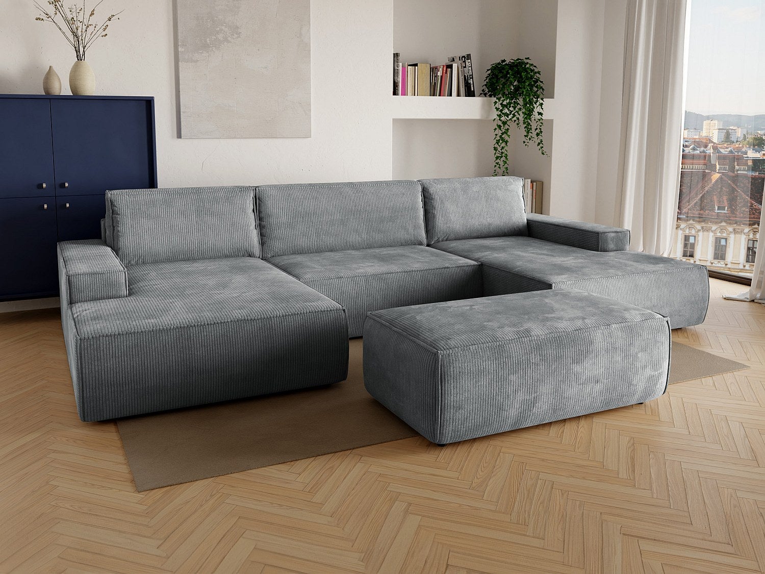 Canapé 2 Places En Velours Côtelé Beige 208 Cm - Modulaire, Accoudoirs Incurvés, Base Antidérapante, Livré Sans Montage - 2