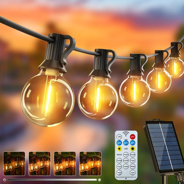 Lampka solarna na zewnątrz o długości 15 m, wodoodporna lampka solarna, z 25 + 1 żarówką G40, 8 trybów, do ogrodu, ciepłe białe światło 2700 K
