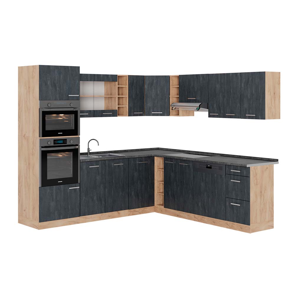 Vicco Kuchnia narożna R-Line, Czarny beton/złoty dąb, 247 x 60 cm BP Antracyt
