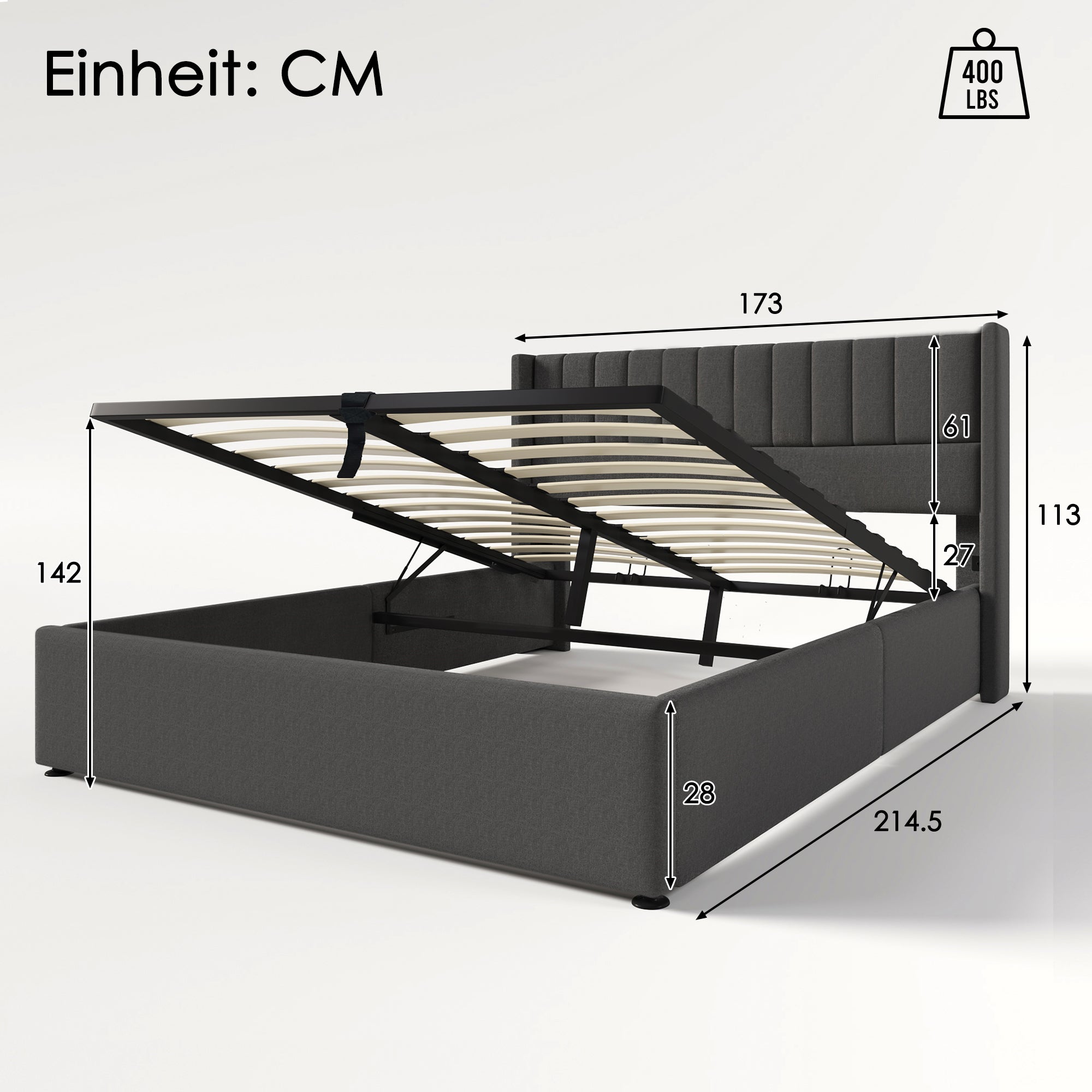 Cama contenedor tapizada 160x200 cm en lino con somier de láminas - Gris - 6