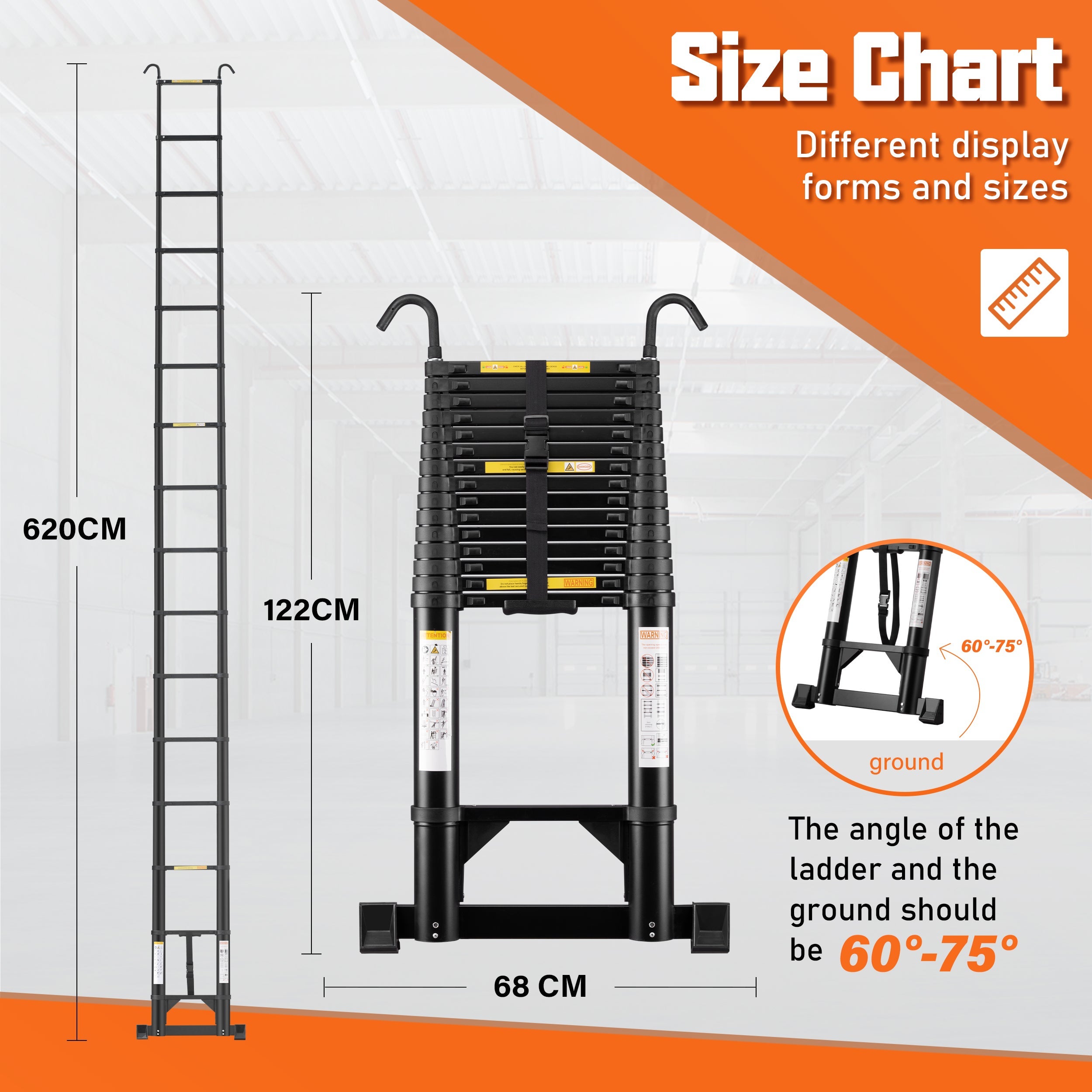 TEENO Échelle Télescopique 6.2 m Pliable en Aluminium, Barre Stabilisatrice et Crochet Amovible, Charge Maximale 150 kg - 3