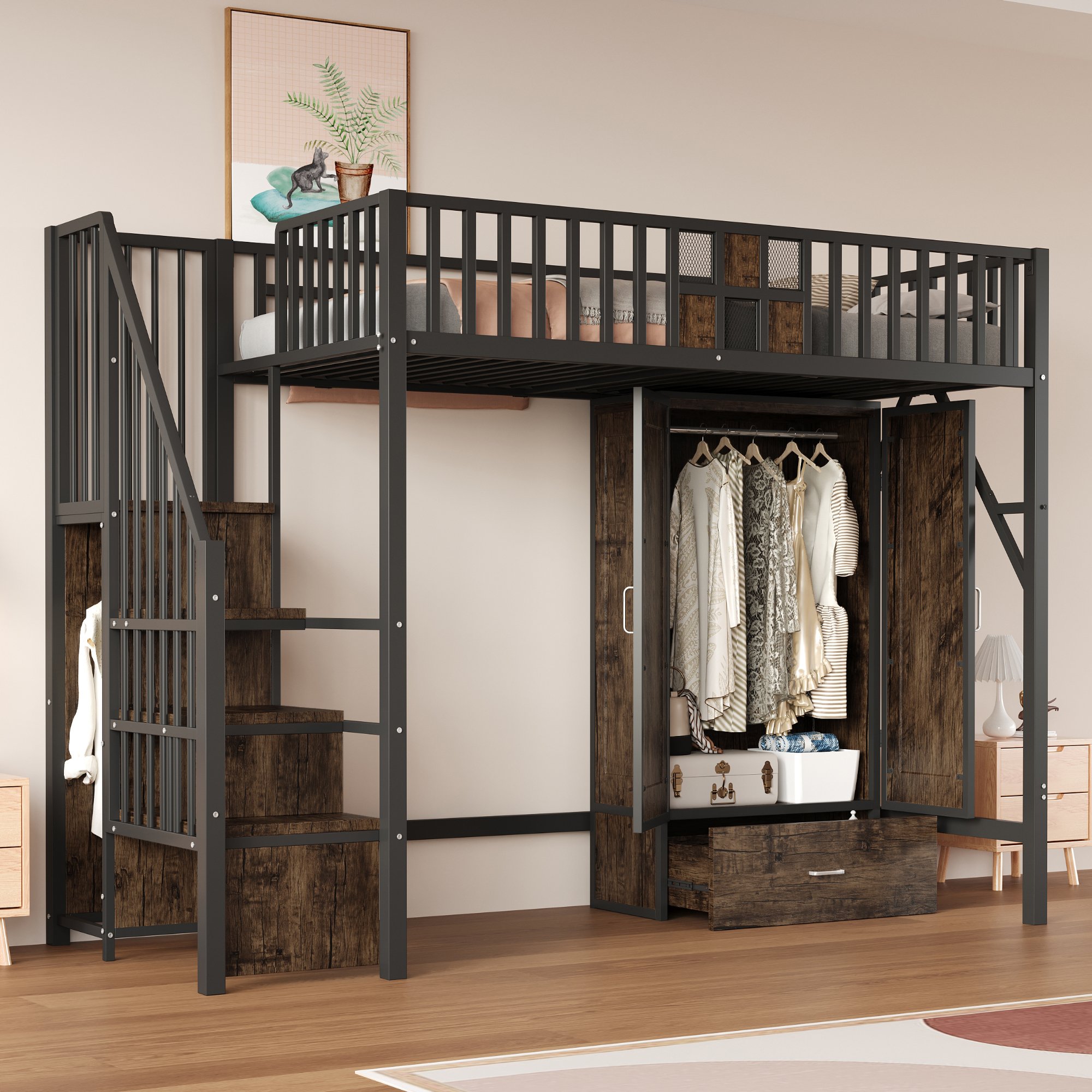Hochbett z metalowym ramieniem i drewnem - schrank, szuflady, 90x200cm, czarny
