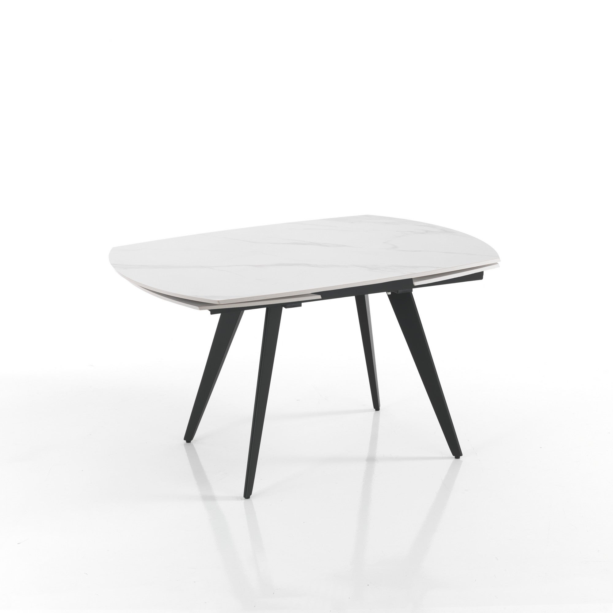 Stół rozkładany LUKA 1 – stal matowa czarna, ceramika z białego marmuru, wys. 75 cm, szer. 140/200 cm, 6/8 miejsc, mechanizm obrotowy, do jadalni