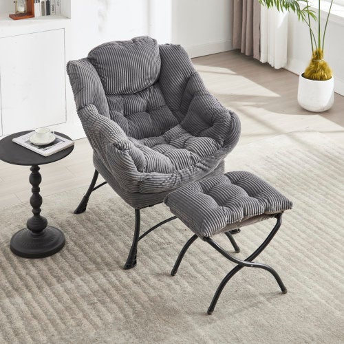 Lazy Chair Con Pouf Pieghevole – Poltrona In Velluto Bordeaux Con Struttura In Metallo, Poggiapiedi E Tasca Portaoggetti, Portata 150 Kg