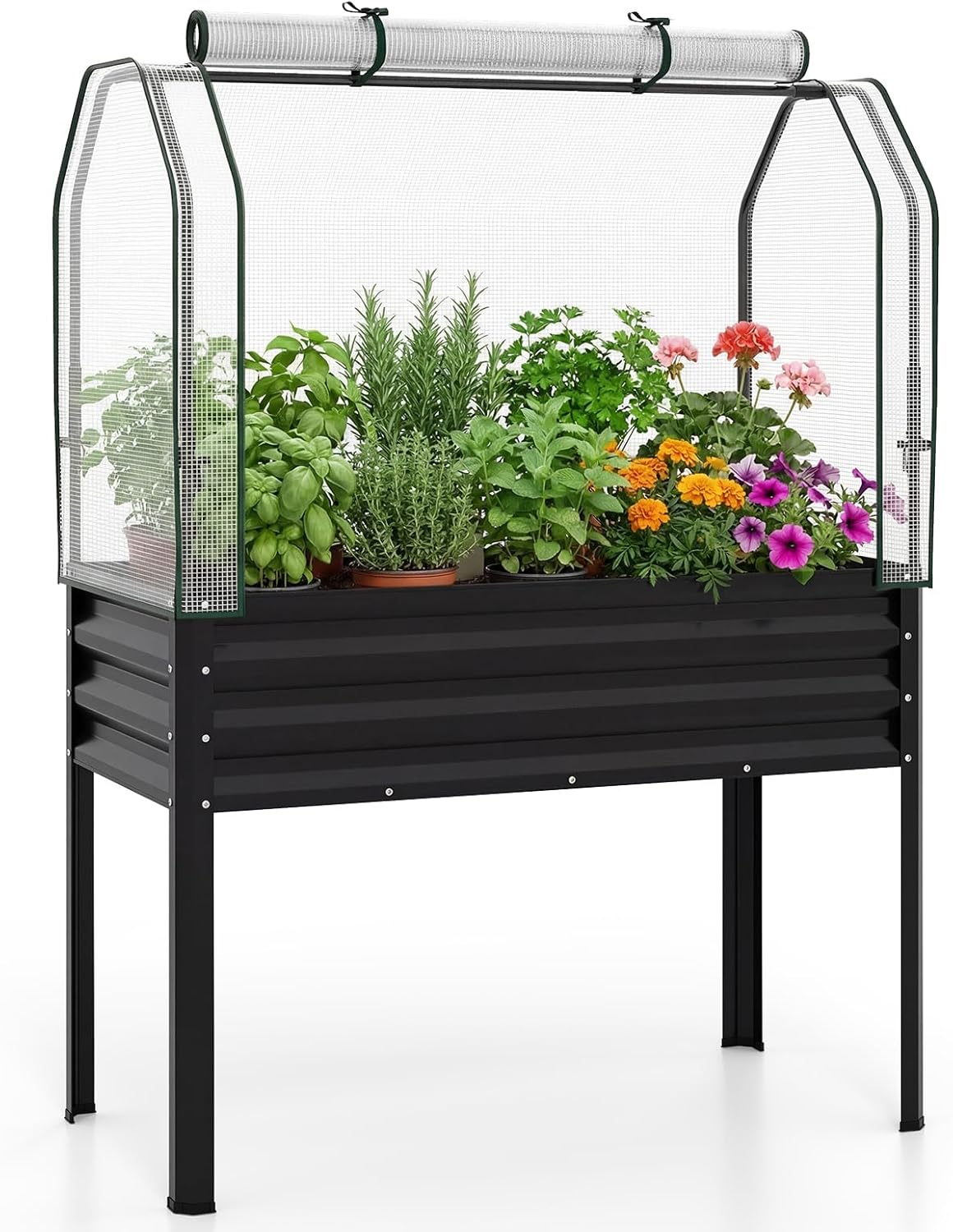 Jardiniere supraînălțată, grădină pătrată cu prelată de protecție, mini-seră de exterior cu ușă cu fermoar rulabilă, legume, plante și flori (negru)