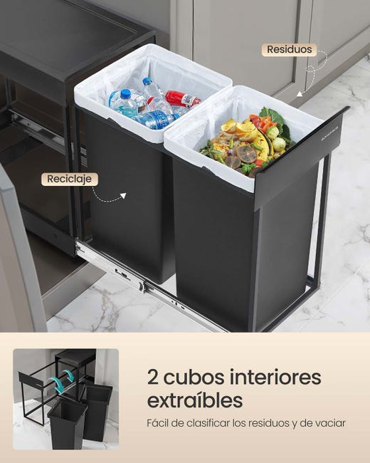 Cubo de basura para reciclar extraíble, compartimentos de 15l