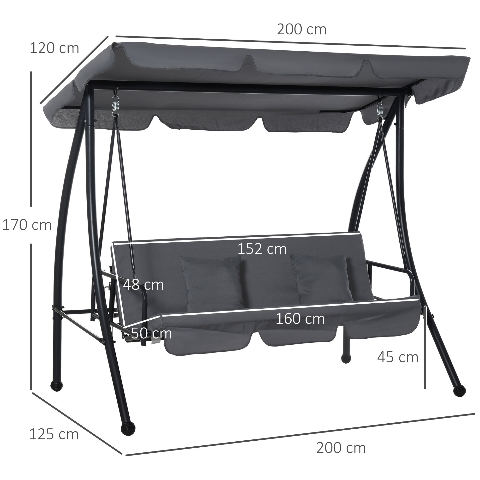 Balancelle de Jardin Convertible 3 Places Grand Confort Inclinaison Toit réglable Matelas fourni 2L x 1,25l x 1,7H m métal Polyester Noir Anthracite - 5