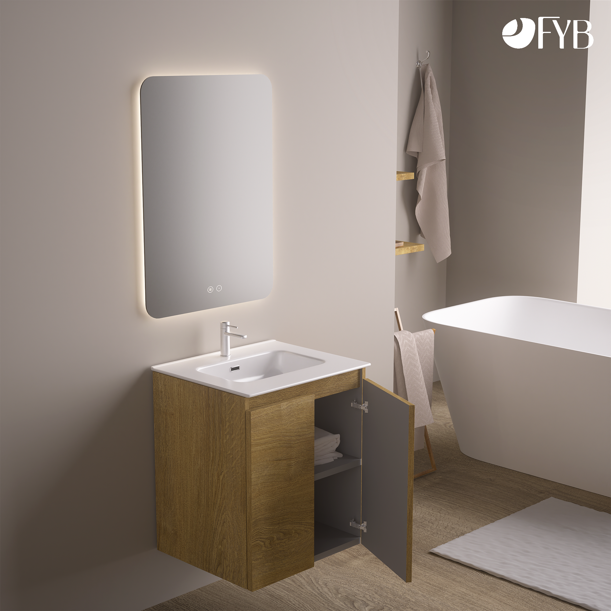 Feel Your Bath, Meuble De Salle De Bain WOLF Marron 60 cm, 2 Portes, Vasque Céramique Intégrée Et Miroir Carré LED Antibuée - 2