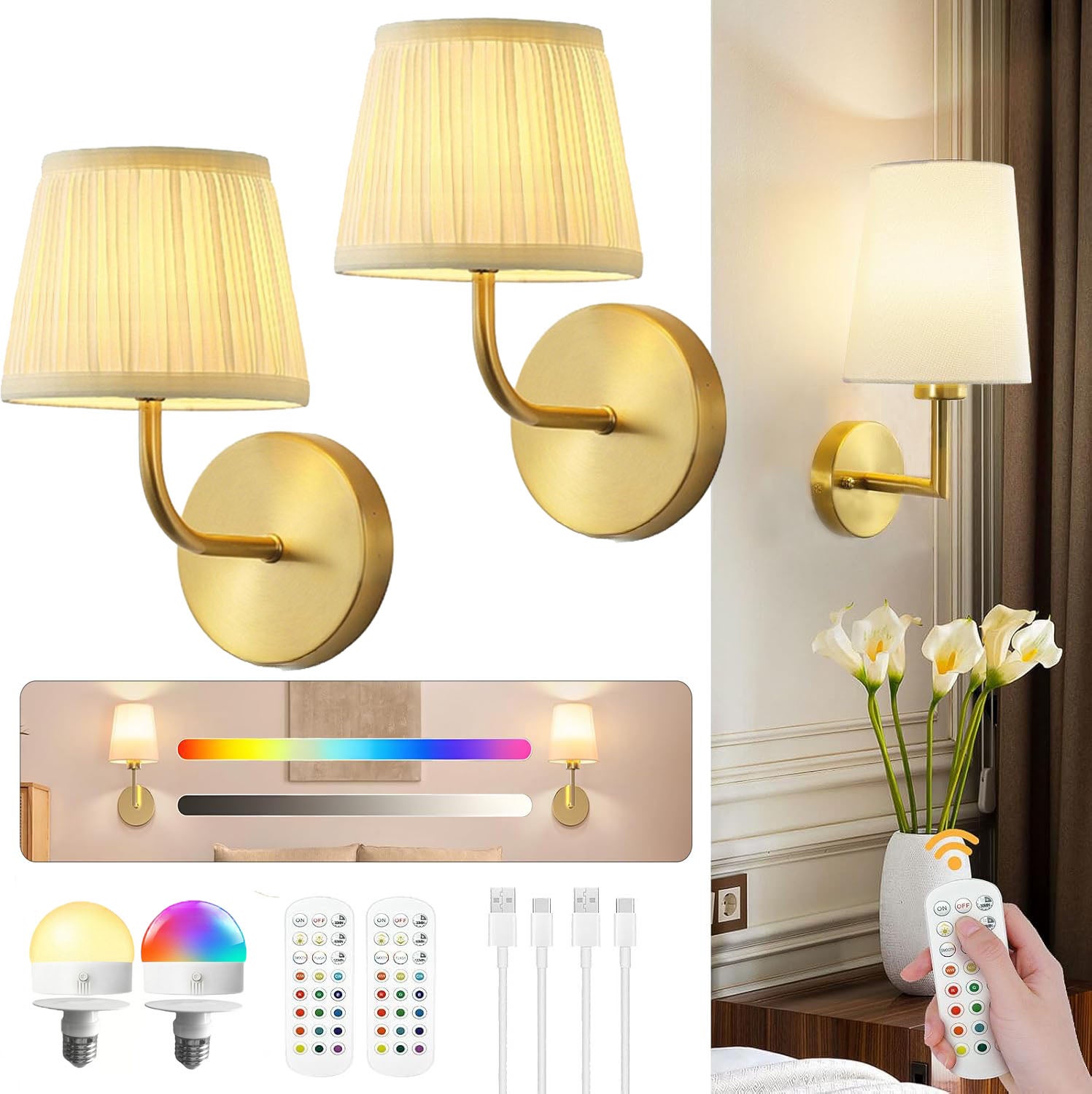 OUTON Applique LED Senza Fili Oro – Luci A Batteria Con Telecomando, RGB E Timer – Ideale Per Corridoio - 2