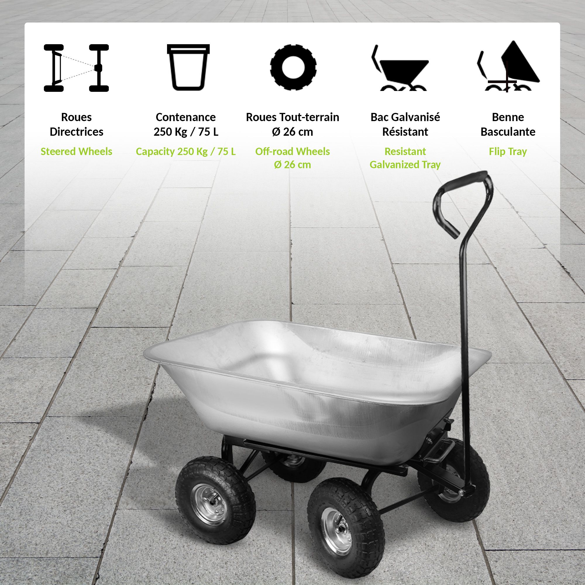 Brouette De Jardin 4 Roues 75 L FISHTEC Benne Basculante Métal Galvanisé Roues Gonflables Manche Ergonomique Charge 250 kg Jardinage - 4