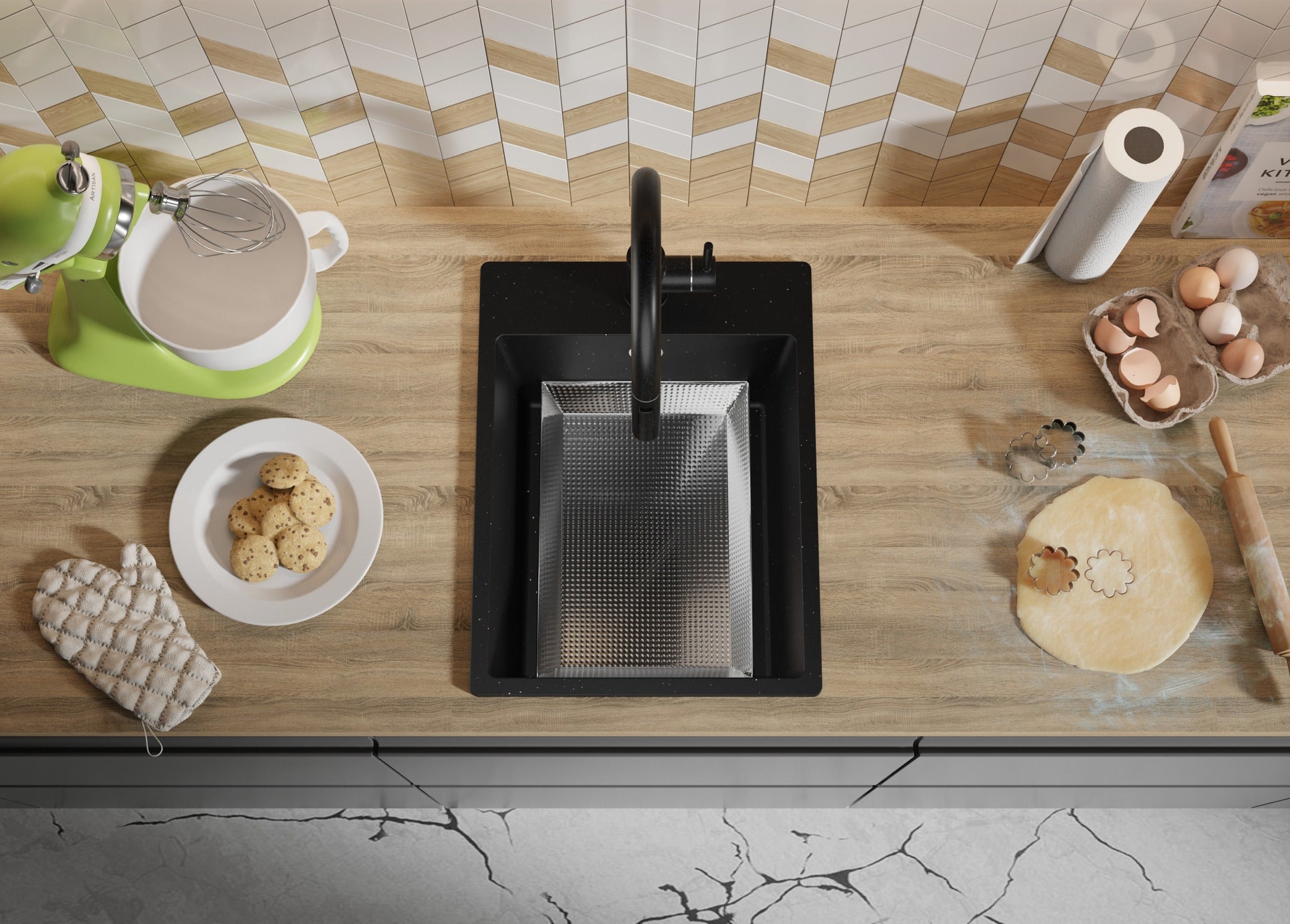 Evier Cuisine en Granit Noir Métallisé 38x50cm, Lavabo 1 bac + Kit de Vidage, Évier à Encastrer au meuble 40cm - Riga PRIMAGRAN - 9