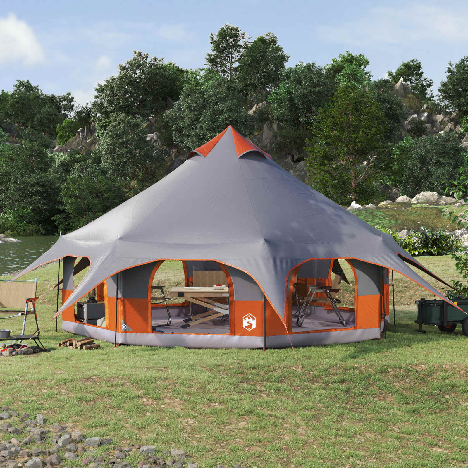 Tienda familiar gris y naranja para camping, 10 personas