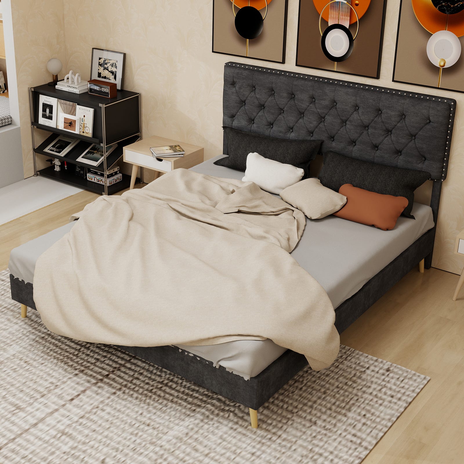 Lit moderne minimaliste et moelleux 160×200 cm (gris) : tête de lit ...
