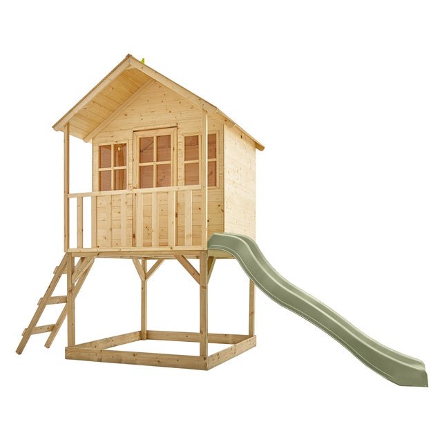 Cabane enfant sur pilotis avec toboggan vert kaki - bois FSC® - COLLINE